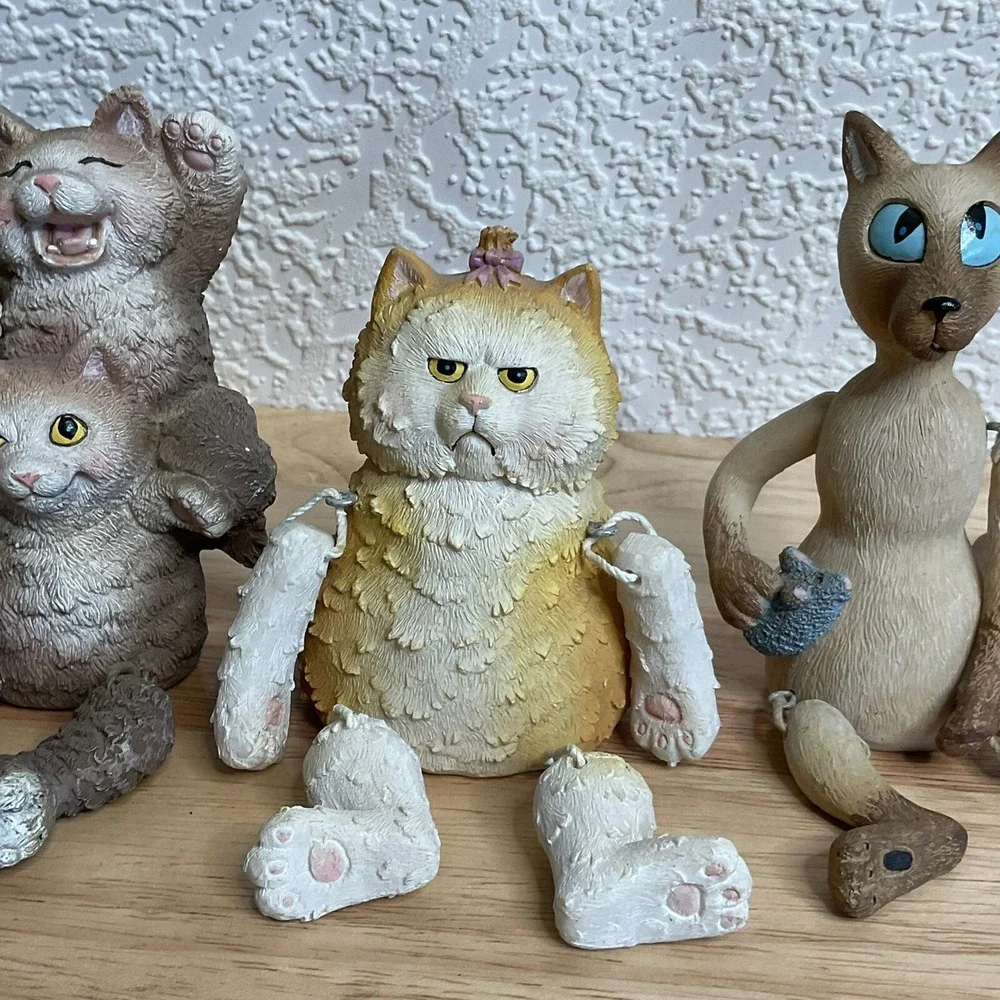 Funny Cats Figurines Lot Of 4 Shelf Sitters 2004, Dangling Arms Legs Tail Resin*